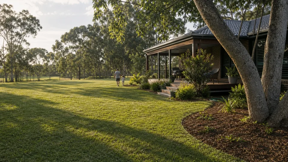 A parent and child walk across a healthy lawn beside a brick Australian home and eucalyptus trees.
