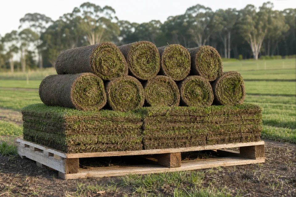Low view across working turf rows bordered by eucalyptus trees.