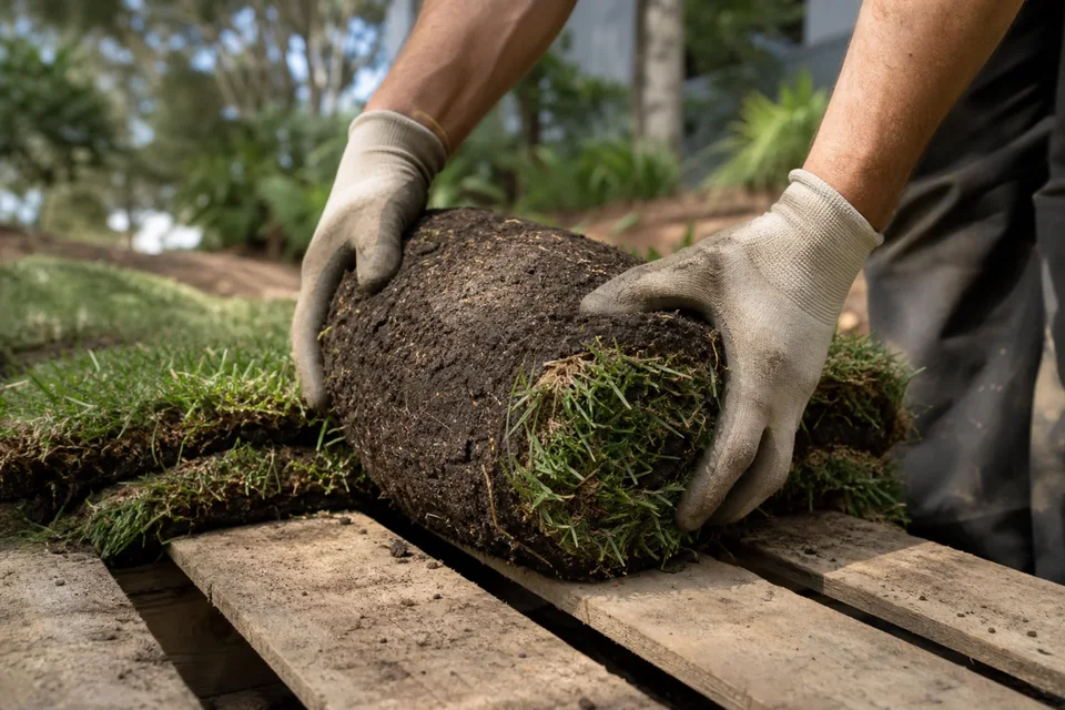 A farm worker kneels to inspect turf growing in a field.