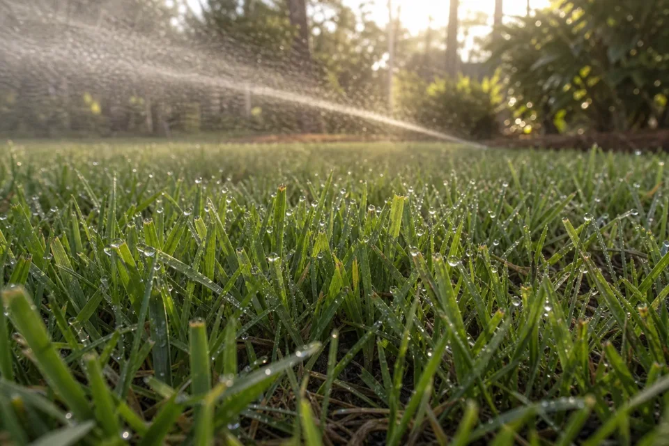 Close view of dense green turf blades in natural daylight.