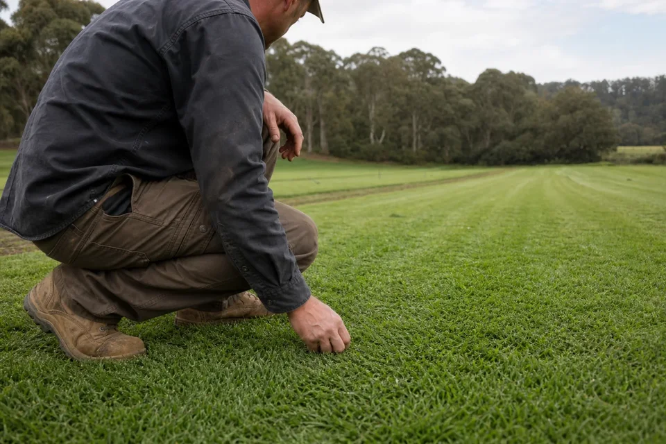 Gloved hands lift a fresh turf roll with roots and moist soil visible.