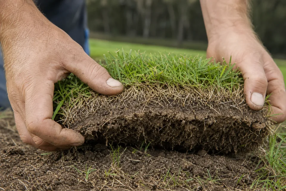A worker lays turf in staggered joins across prepared soil beside a Sydney home.