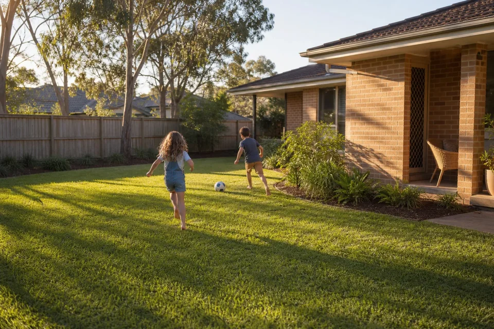 A newly laid lawn is watered thoroughly beside a Sydney home.