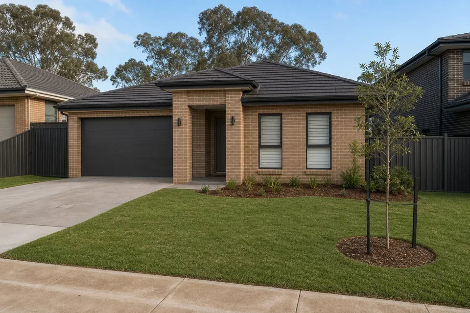 A compact beige-brick Sydney home has a freshly turfed front lawn, charcoal roof and young native tree.