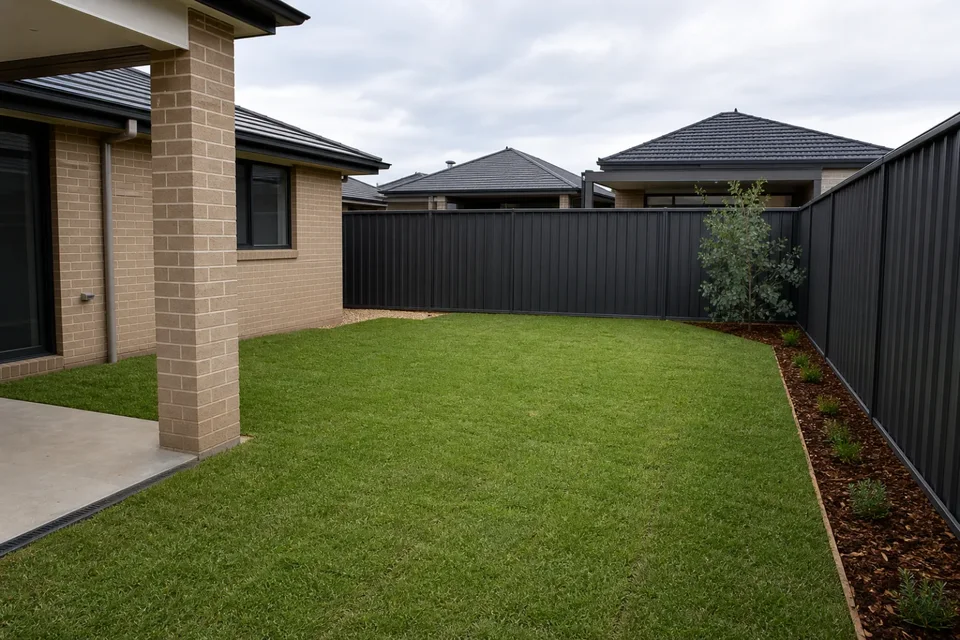 Fresh turf fills a compact fenced Sydney backyard.