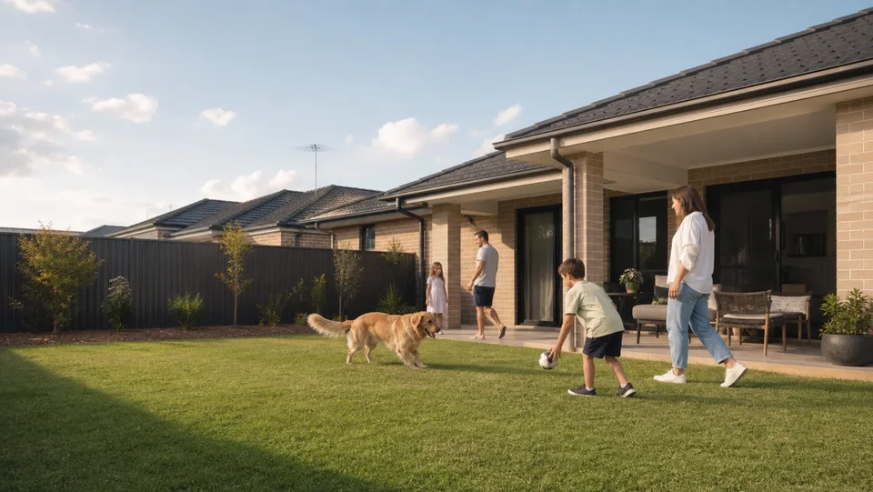 A family and golden retriever enjoy a freshly turfed backyard beside a compact Sydney home.