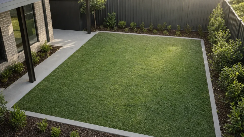 Elevated view of a compact rectangular lawn bordered by a path and garden beds beside a beige brick Sydney home.