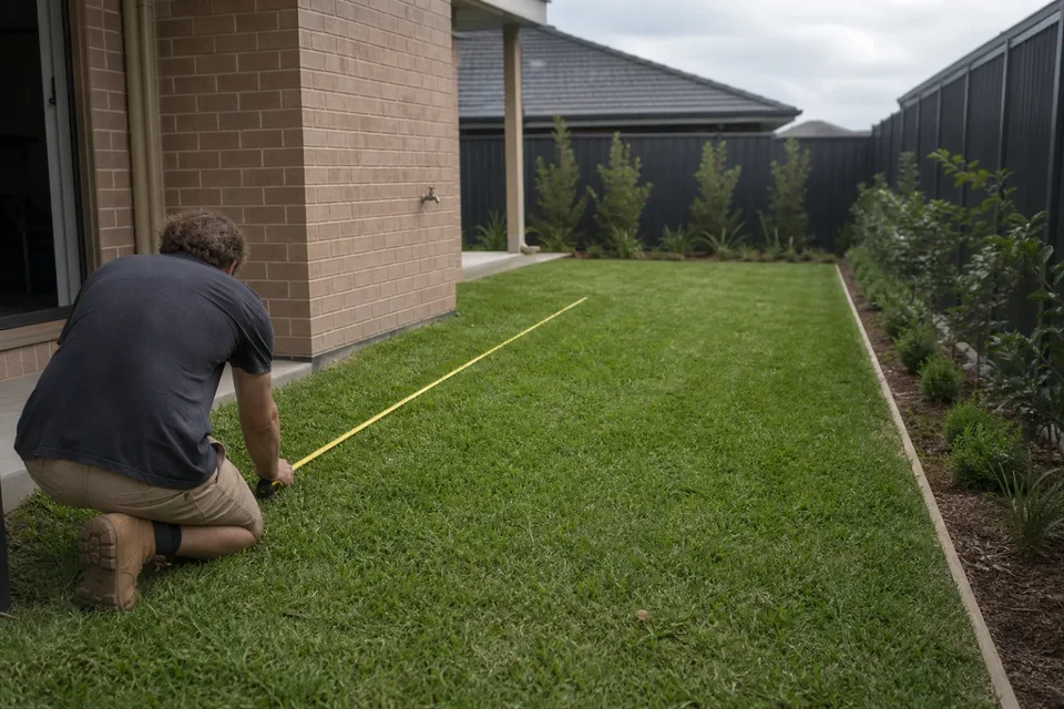 A homeowner uses a tape measure along the edge of a compact lawn.
