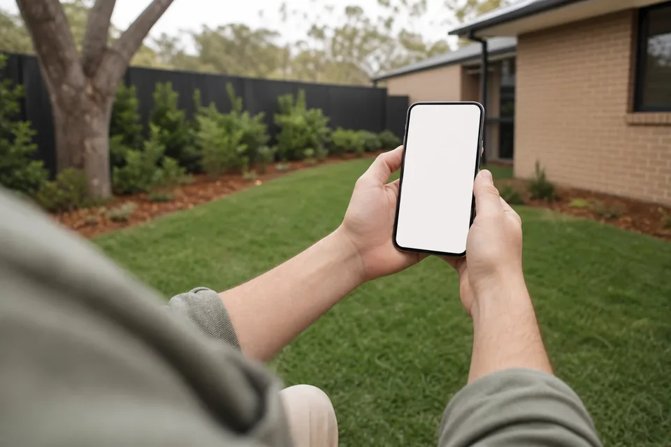 A homeowner holds a blank phone beside a compact suburban lawn.