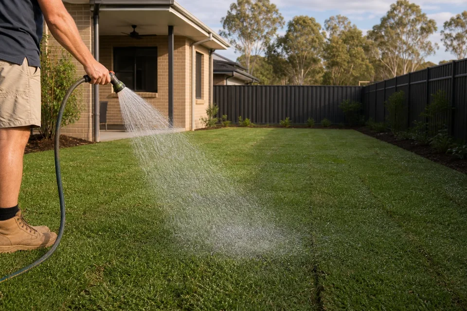 A homeowner deeply waters newly laid turf in the early morning beside a compact Sydney home.