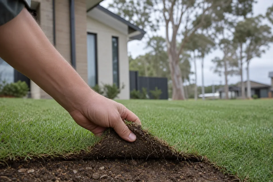 A hand lifts newly laid turf to check root establishment.