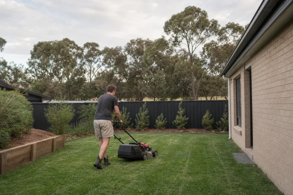 A homeowner gives a newly established lawn its first mow.