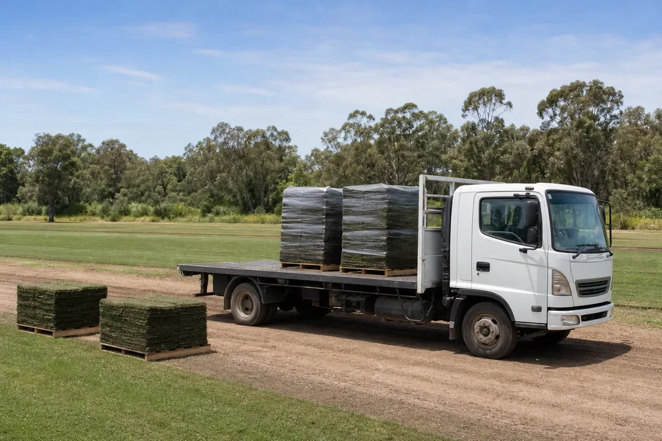 An unbranded flatbed truck collects turf pallets from a working farm.